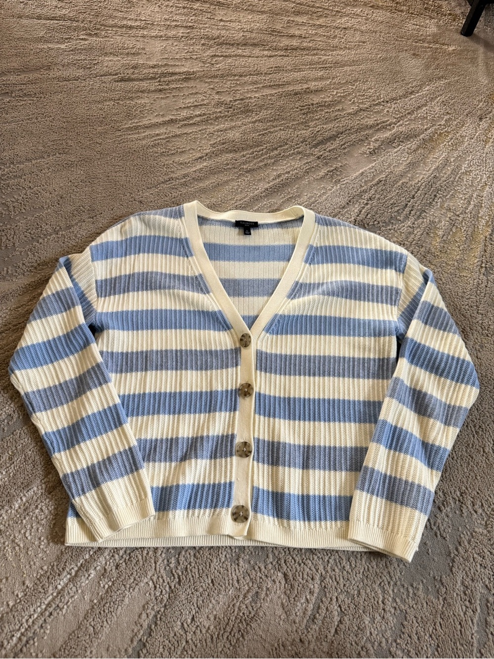 Talbots striped Sweater cardigan Cream & Light Blue nautical button front small